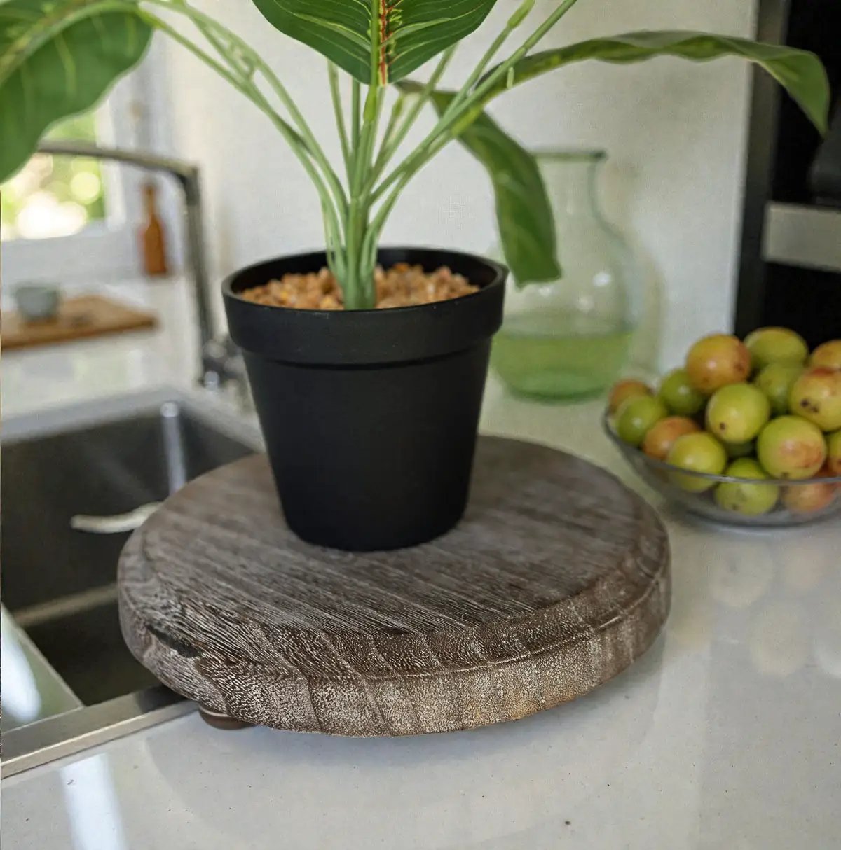 Rustic round wood jewelry tray on pedestal with weathered brown finish on Tampa Home & Garden Store