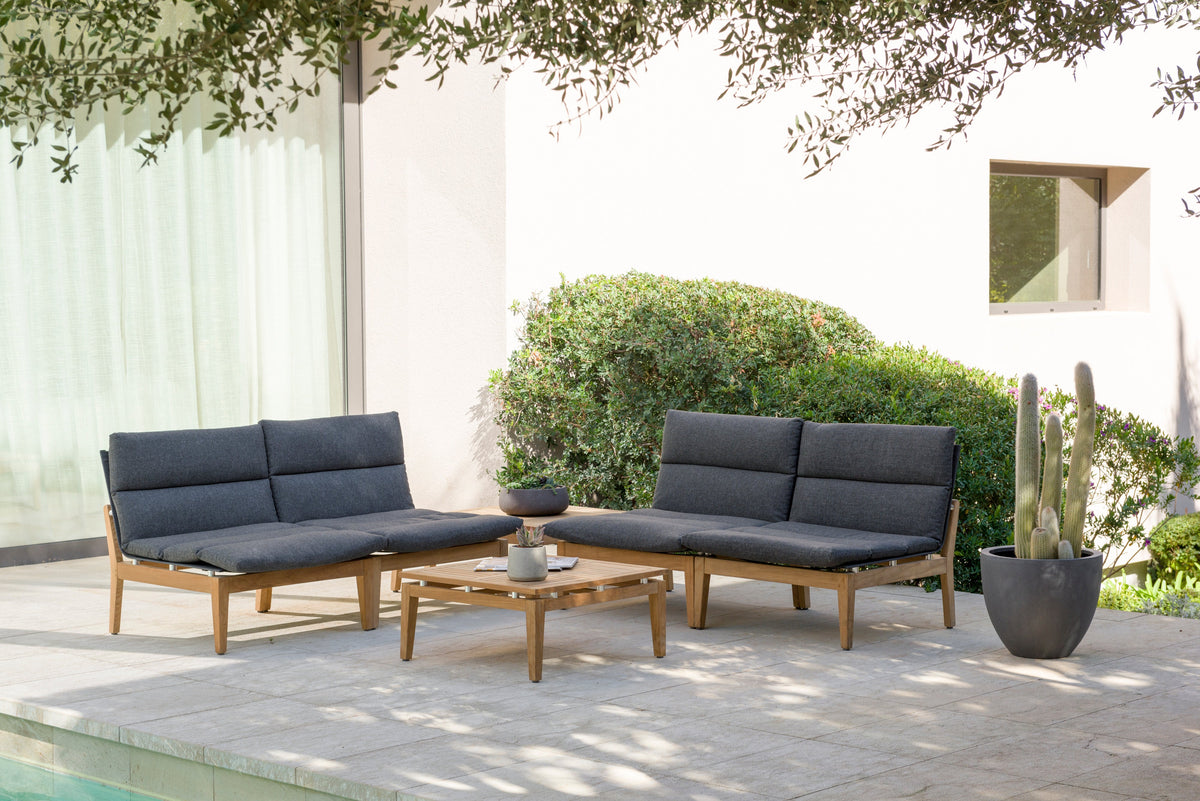 Arno modular outdoor chairs 2pc with dark gray cushions and light wood frames on Tampa Home & Garden Store