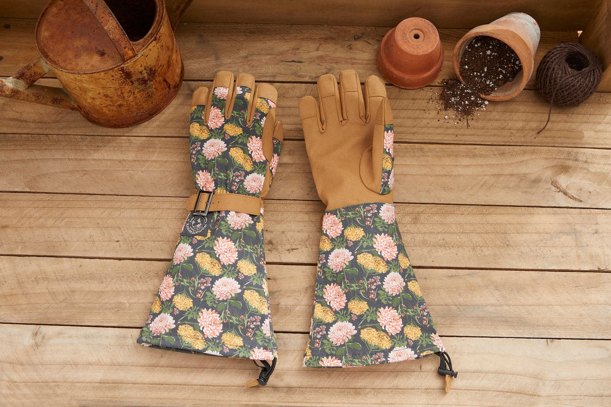 Arm Saver Gloves by Womanswork, floral-pattern cuff, tan leather palms, pair on Tampa Home & Garden Store