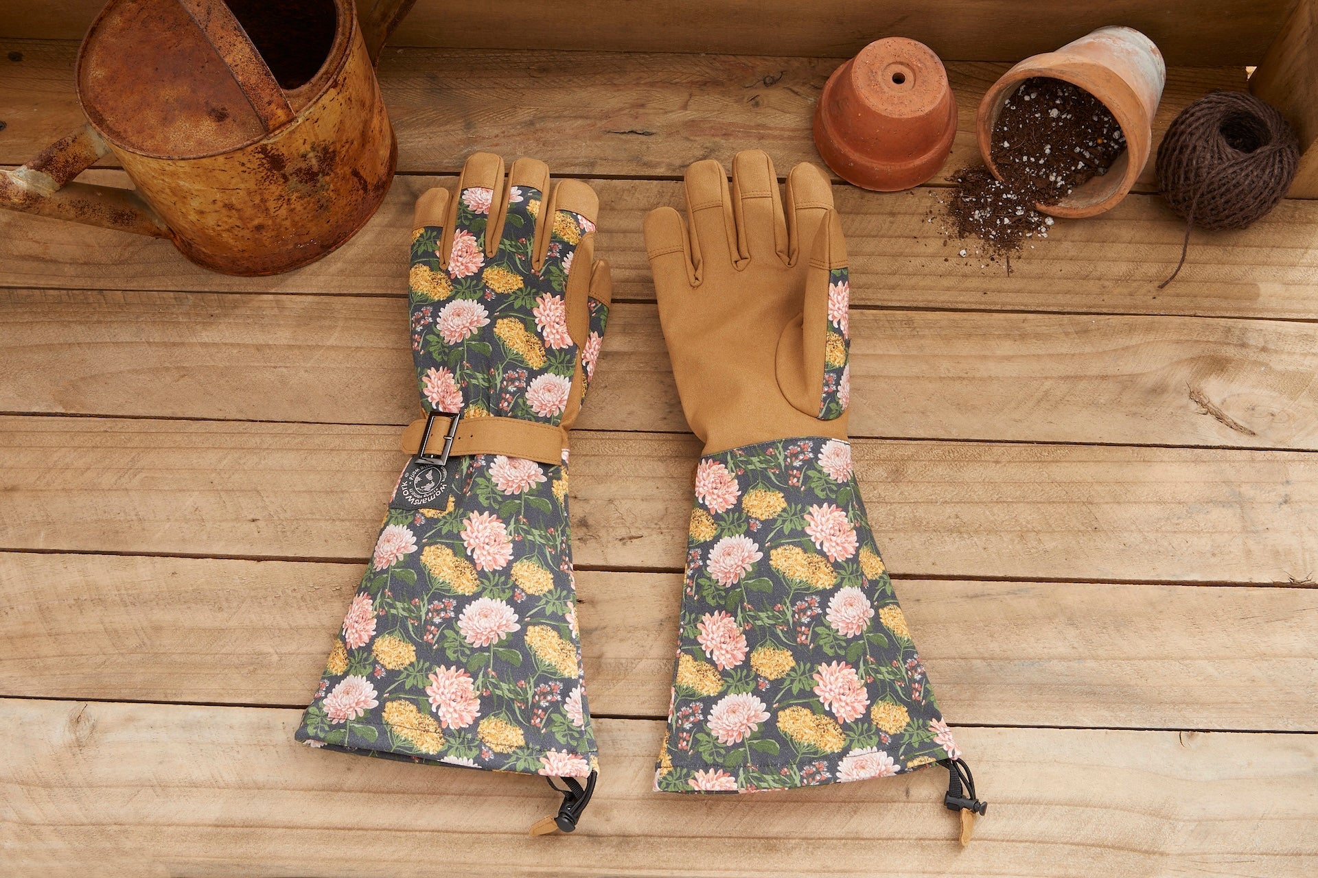 Arm Saver Gloves by Womanswork, floral-pattern cuff, tan leather palms, pair on Tampa Home & Garden Store