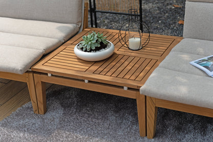 Arno 3pc Bistro Set Light by LifestyleGarden US on wooden patio table with beige cushions on Tampa Home & Garden Store