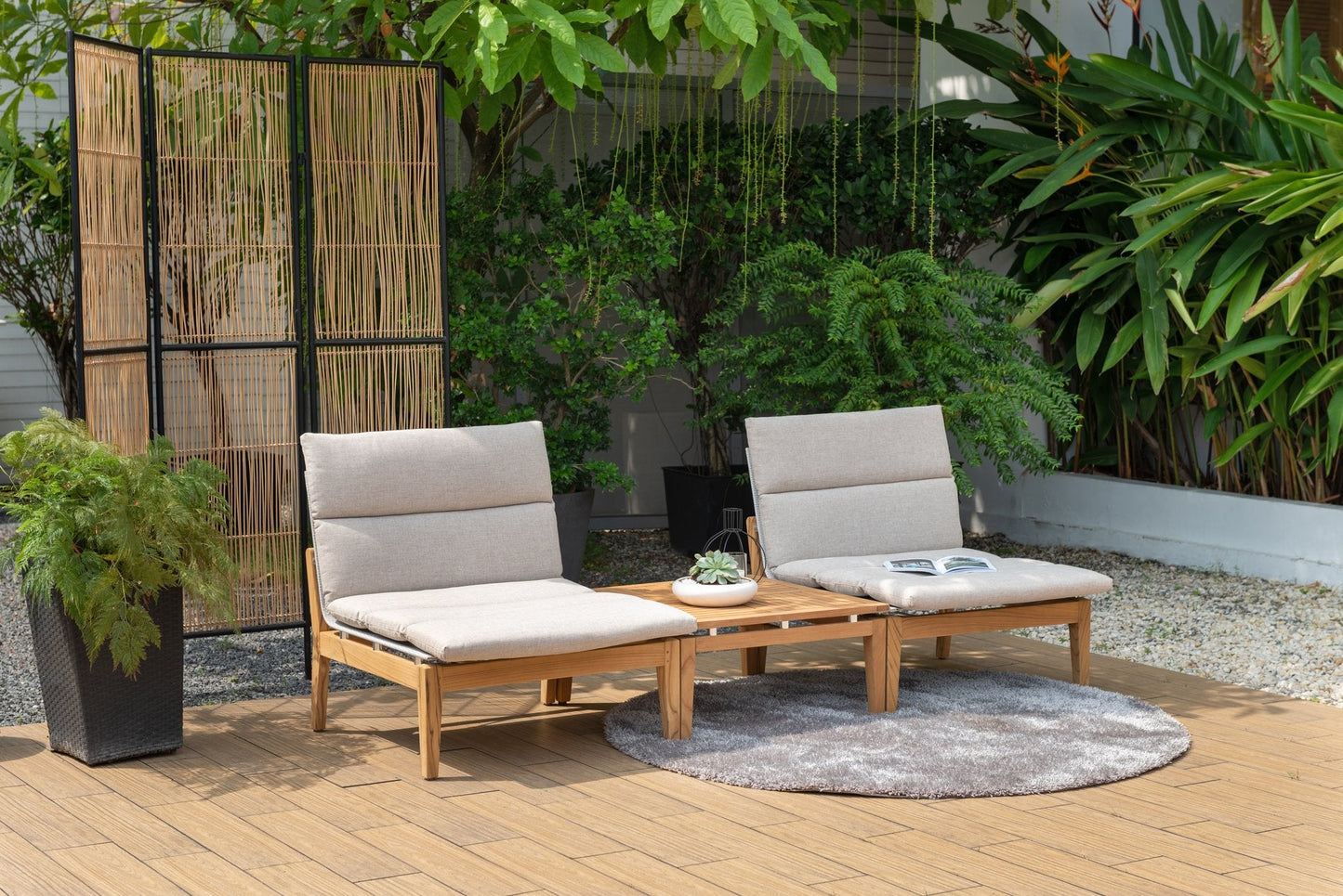 Arno 3pc Bistro Set Light wooden frame with beige cushions; two lounge chairs and coffee table on Tampa Home & Garden Store