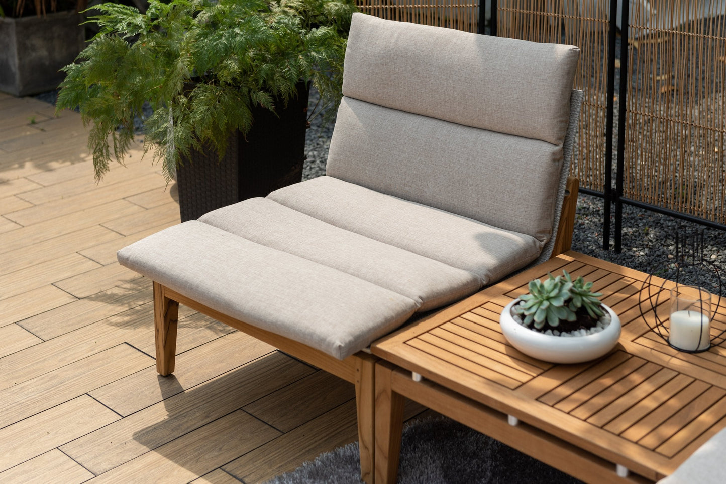 Arno 3pc Bistro Set Light outdoor seating with beige cushions and wood table on Tampa Home & Garden Store