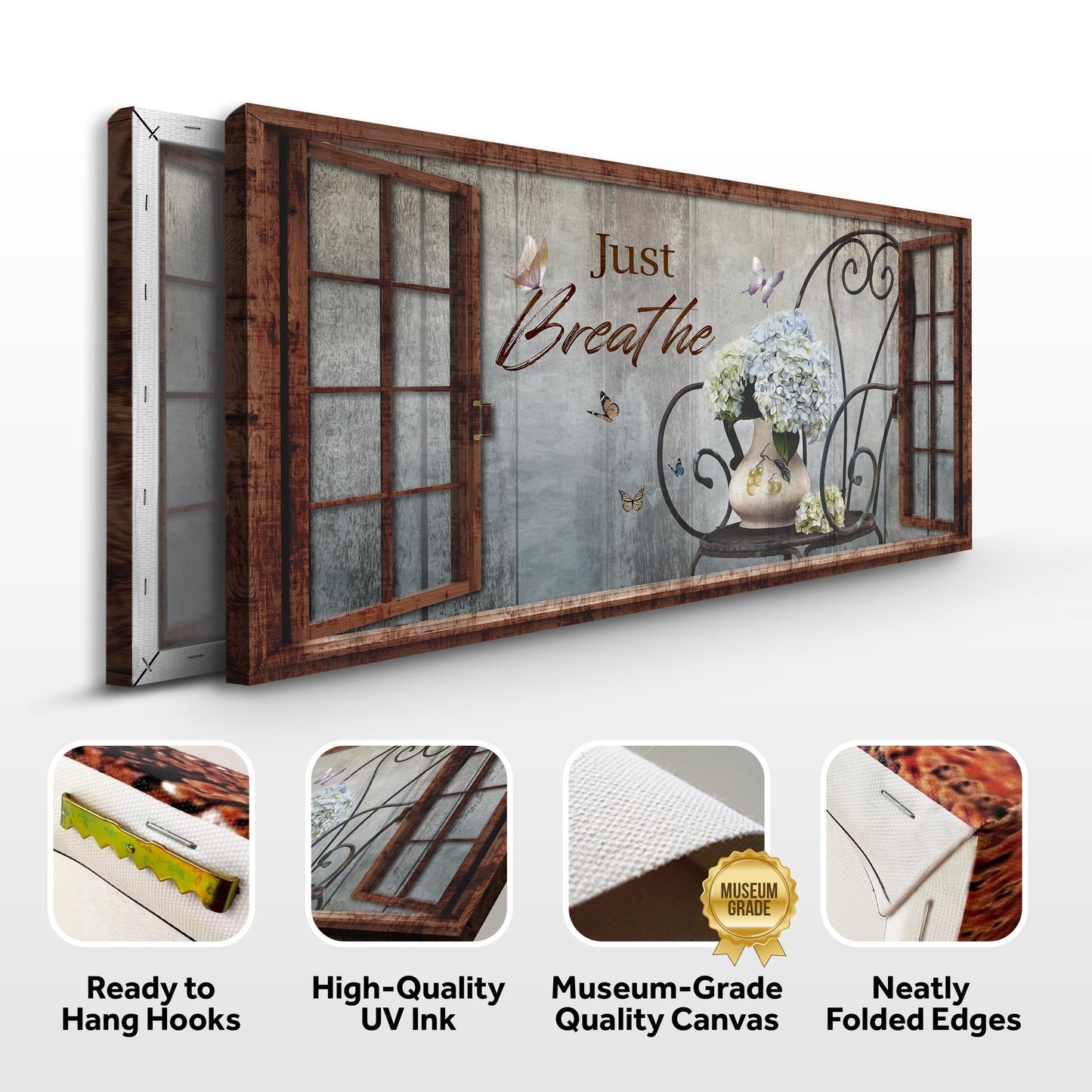 Just Breathe Sign XII canvas by Tailored Canvases on a rustic wooden frame with floral bouquet on Tampa Home & Garden Store