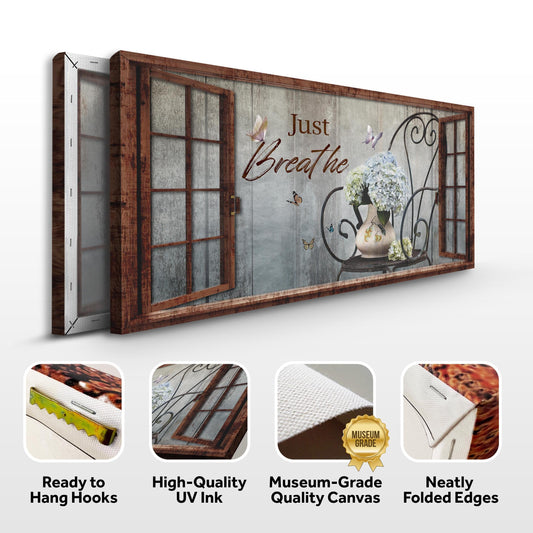 Just Breathe Sign XII canvas by Tailored Canvases on a rustic wooden frame with floral bouquet on Tampa Home & Garden Store