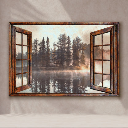 Foggy Autumn Lake View By The Window Canvas Wall Art by Tailored Canvases, rustic wooden frame on Tampa Home & Garden Store