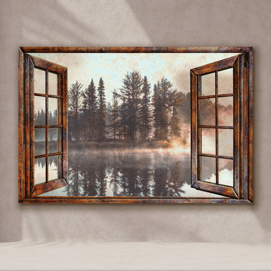 Foggy Autumn Lake View By The Window Canvas Wall Art by Tailored Canvases, rustic wooden frame on Tampa Home & Garden Store