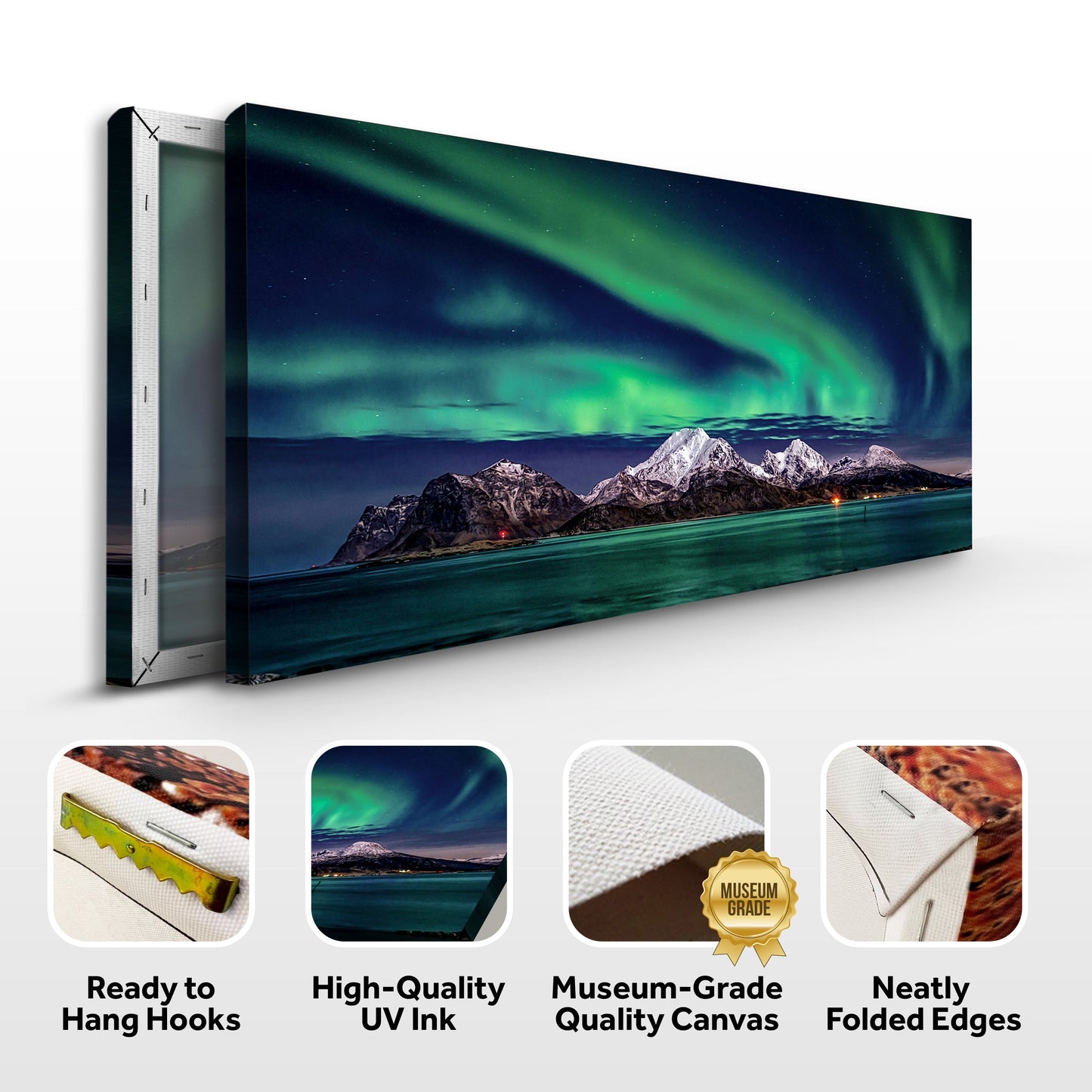 Lake And Northern Lights Canvas Wall Art by Tailored Canvases, panoramic aurora over mountains on Tampa Home & Garden Store