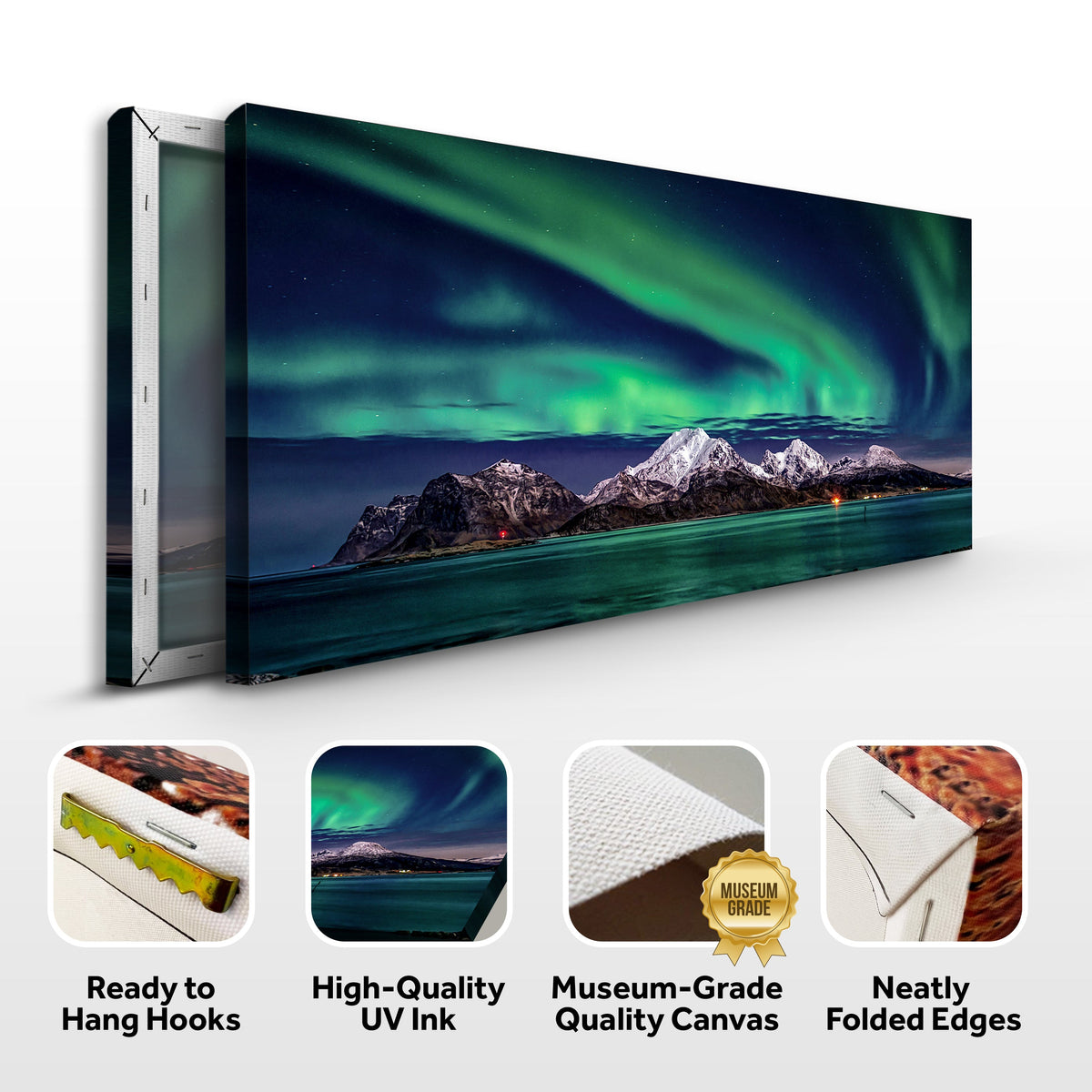 Lake And Northern Lights Canvas Wall Art by Tailored Canvases, panoramic aurora over mountains on Tampa Home & Garden Store