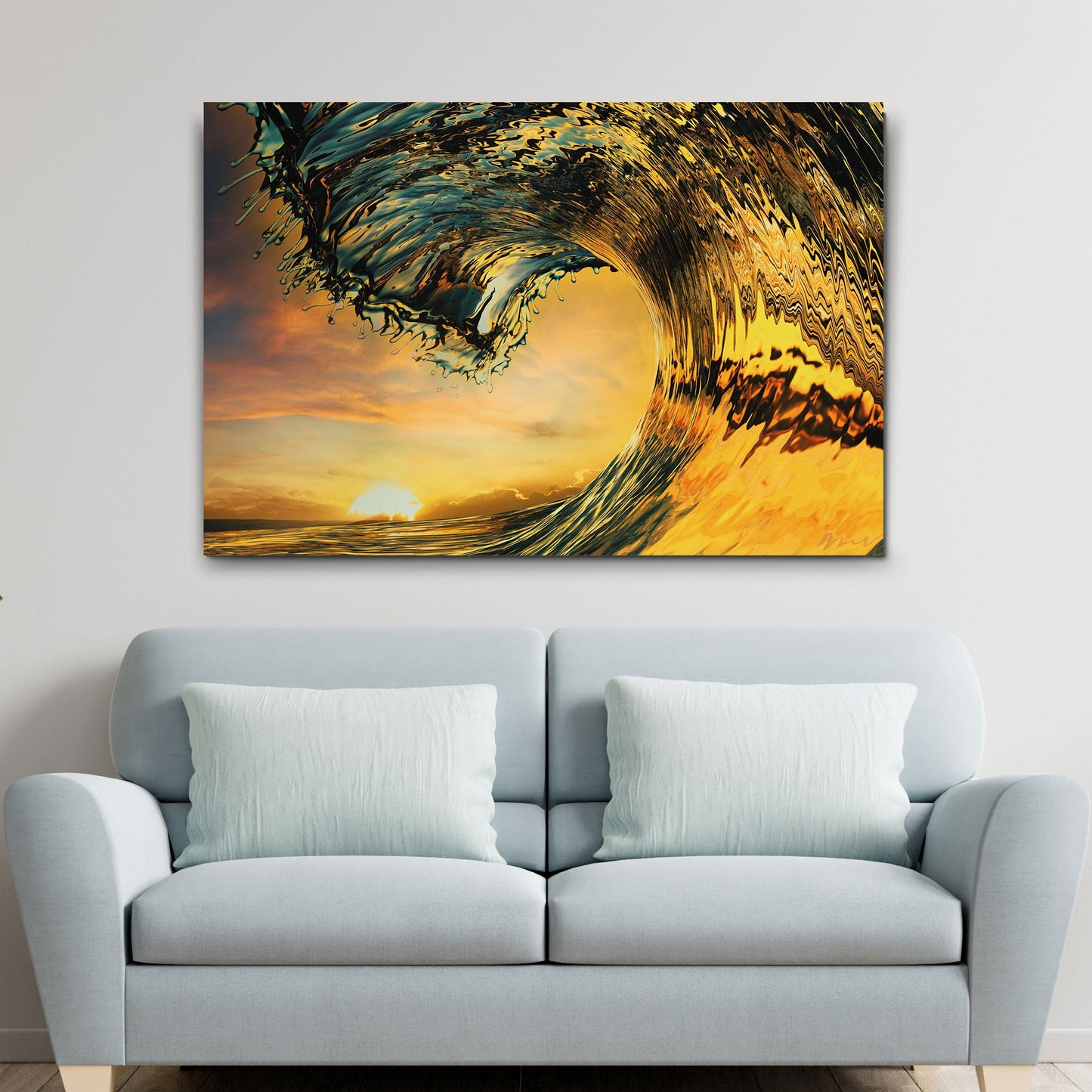 Sunset Ocean Wave Canvas Wall Art by Tailored Canvases, teal and gold curling wave on crafting canvas on Tampa Home & Garden Store