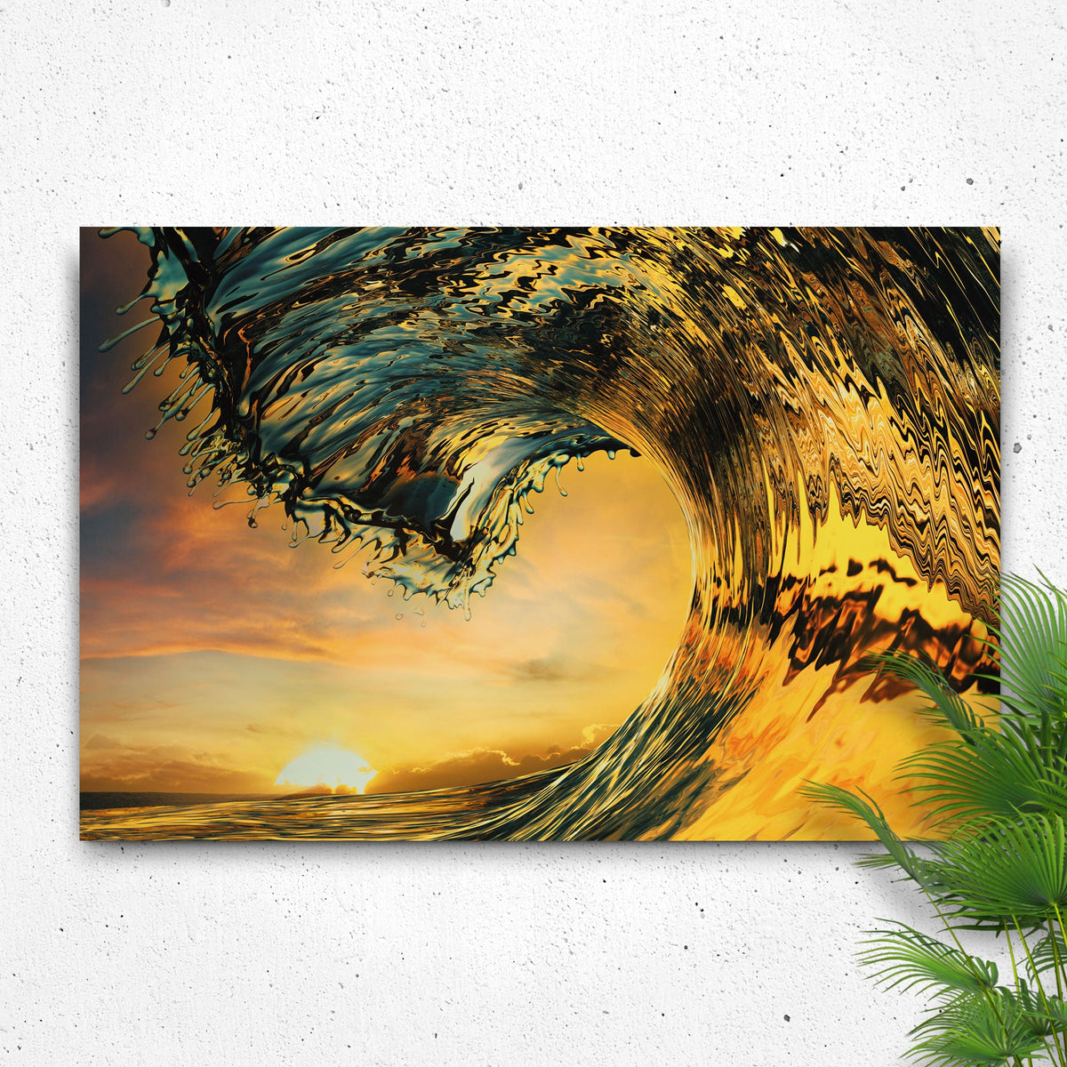 Sunset Ocean Wave Canvas Wall Art by Tailored Canvases, golden teal swirl on canvas on Tampa Home & Garden Store