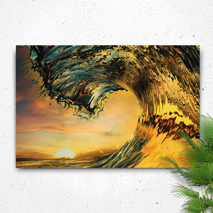 Sunset Ocean Wave Canvas Wall Art by Tailored Canvases, golden teal swirl on canvas on Tampa Home & Garden Store