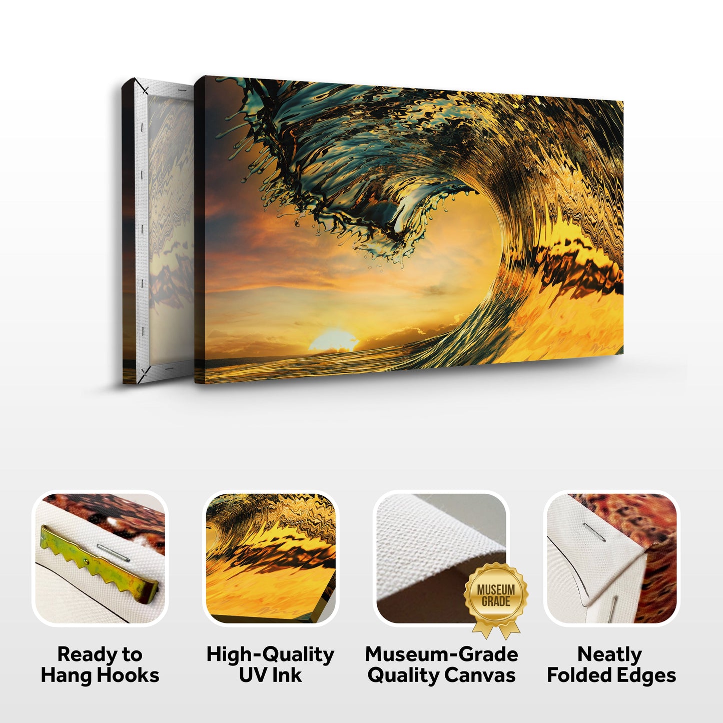 Sunset Ocean Wave Canvas Wall Art by Tailored Canvases, teal and gold wraparound canvas on Tampa Home & Garden Store