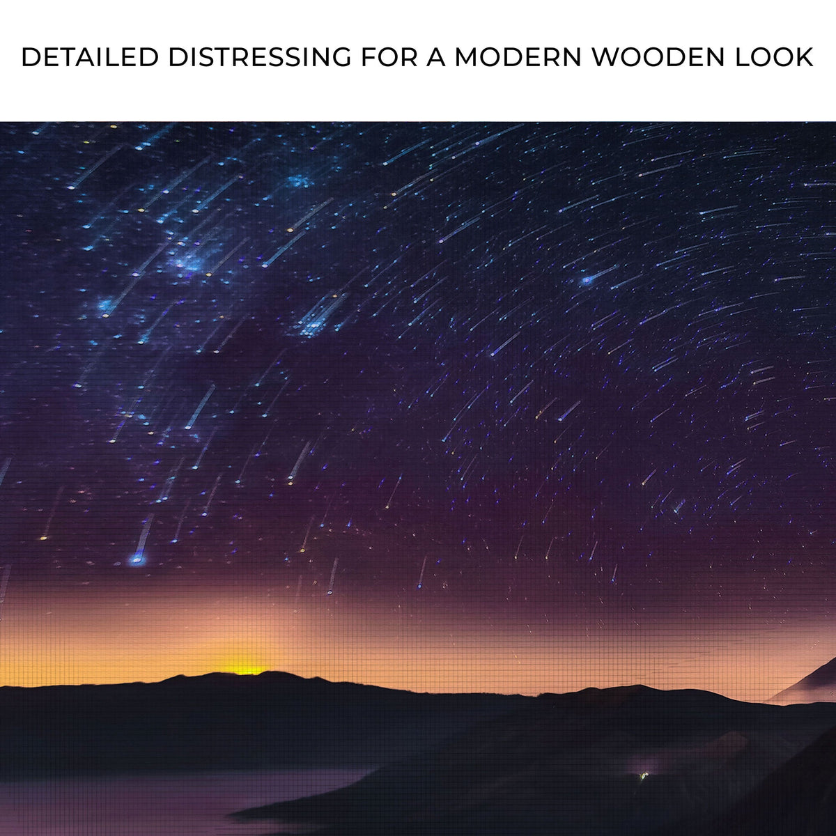 Majestic Starry Night Sky Canvas Wall Art in deep blue with meteor streaks over a sunset horizon on Tampa Home & Garden Store