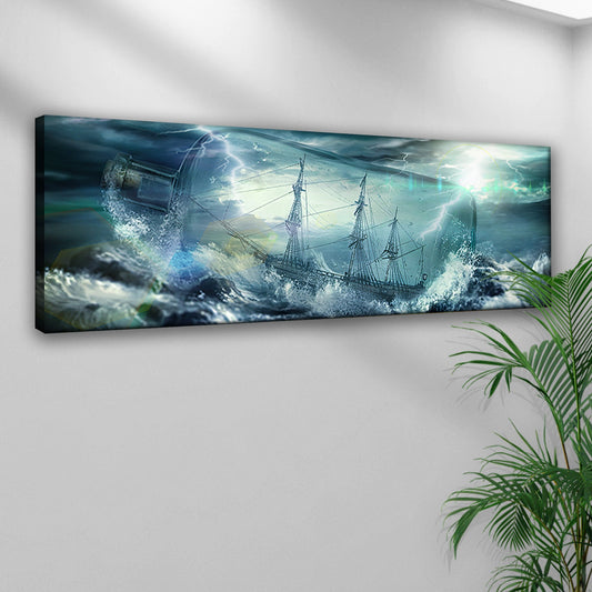 Pirate Ship in a Bottle canvas wall art stormy blue sea design, unframed stretched canvas on Tampa Home & Garden Store