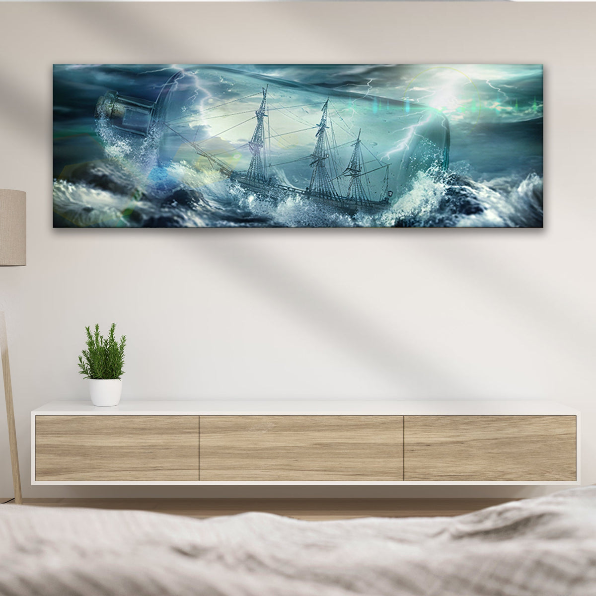 Pirate Ship In A Bottle Canvas Wall Art, blue stormy sea scene by Tailored Canvases on Tampa Home & Garden Store
