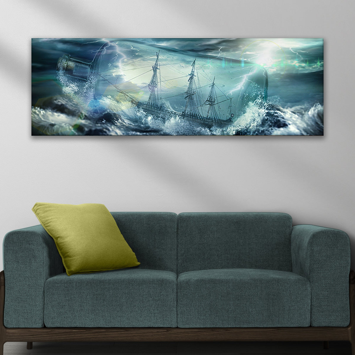 Pirate Ship In A Bottle canvas wall art by Tailored Canvases, stormy blue sea scene on Tampa Home & Garden Store