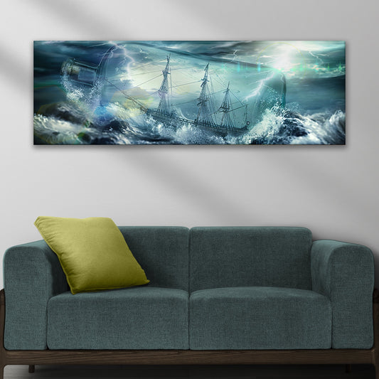 Pirate Ship In A Bottle canvas wall art by Tailored Canvases, stormy blue sea scene on Tampa Home & Garden Store