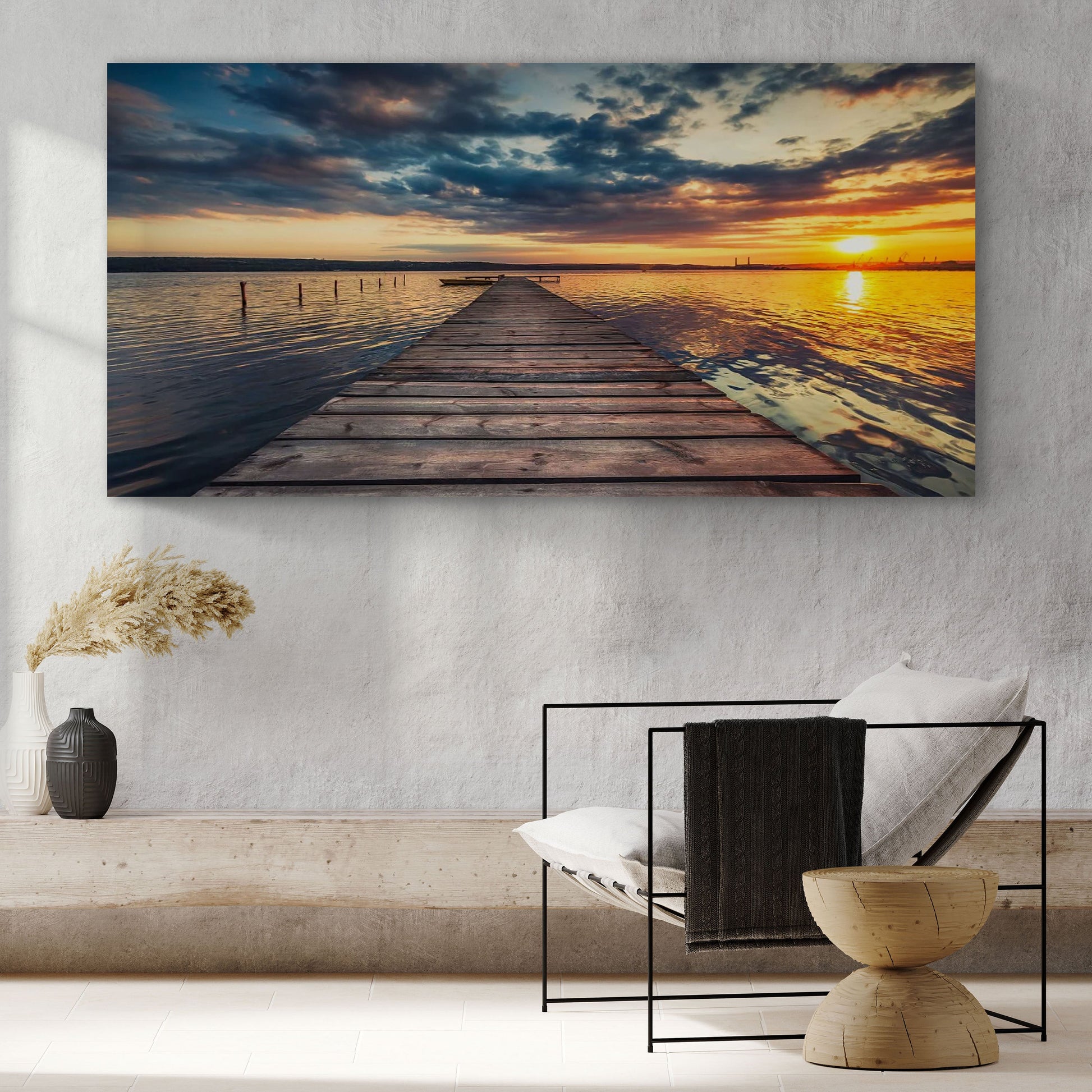 Small Dock By The Vibrant Lake Canvas Wall Art by Tailored Canvases, wooden dock at sunset on Tampa Home & Garden Store