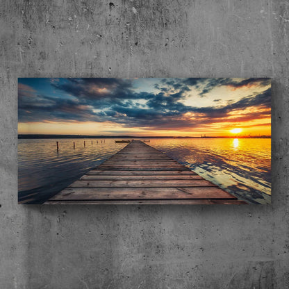 Small Dock By The Vibrant Lake canvas wall art sunset pier over calm water Tailored Canvases on Tampa Home & Garden Store