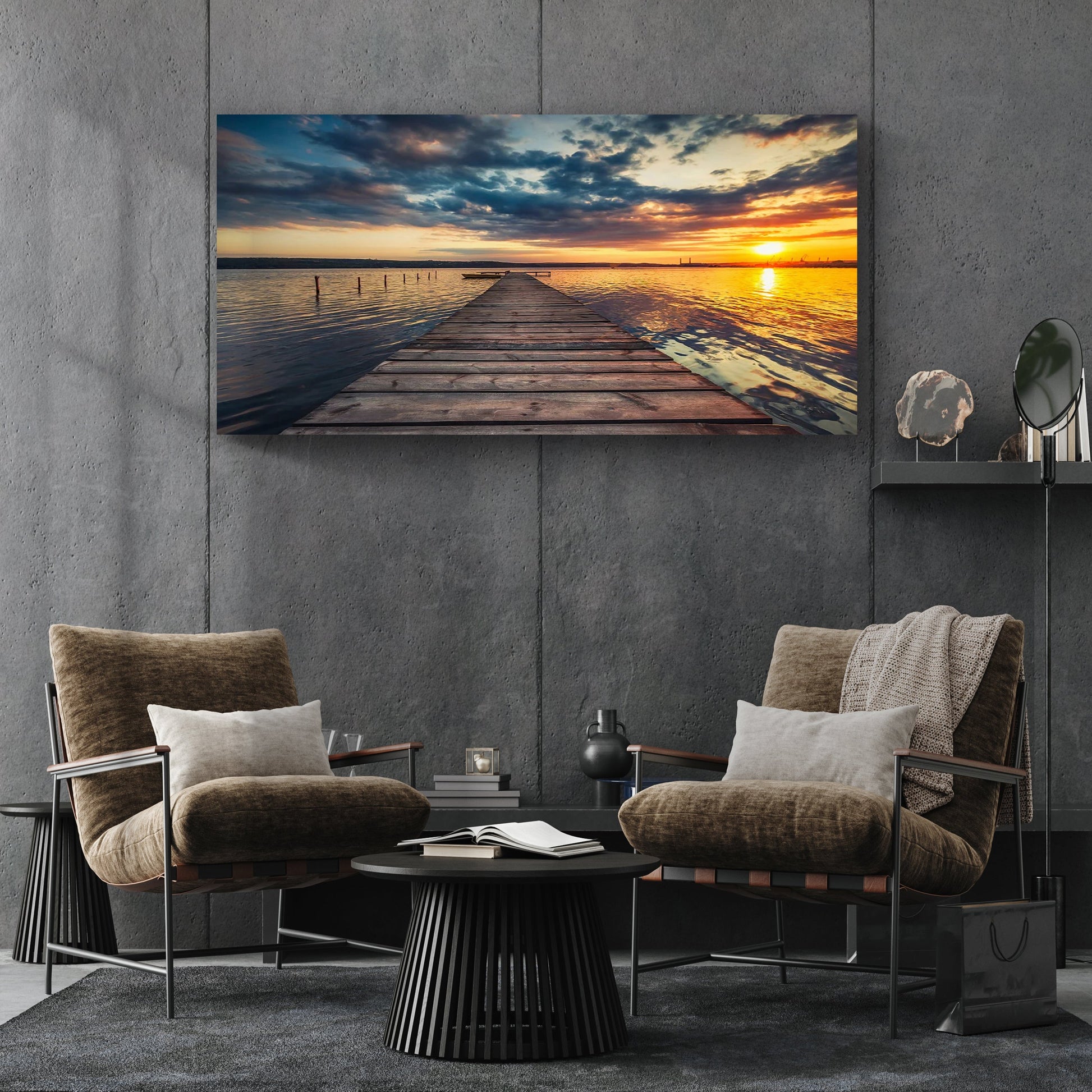 Small Dock By The Lake Canvas Wall Art wooden dock into sunset waters with orange skies on Tampa Home & Garden Store