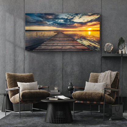 Small Dock By The Lake Canvas Wall Art wooden dock into sunset waters with orange skies on Tampa Home & Garden Store