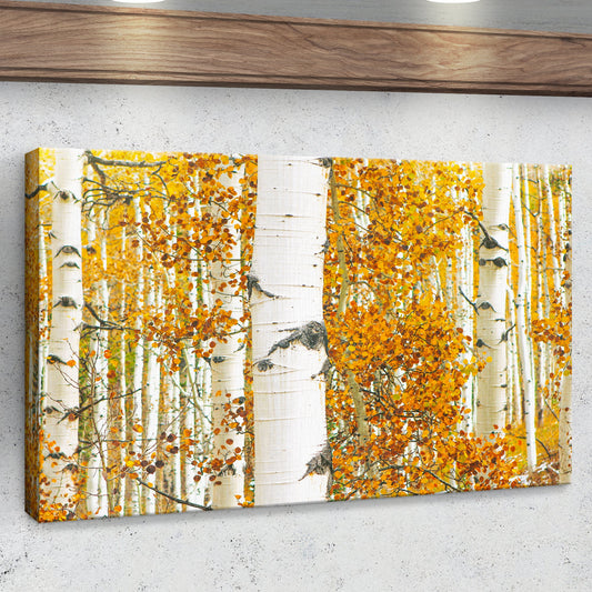 Autumn Tree Barks Canvas Wall Art by Tailored Canvases, 3-panel birch forest with orange leaves on Tampa Home & Garden Store