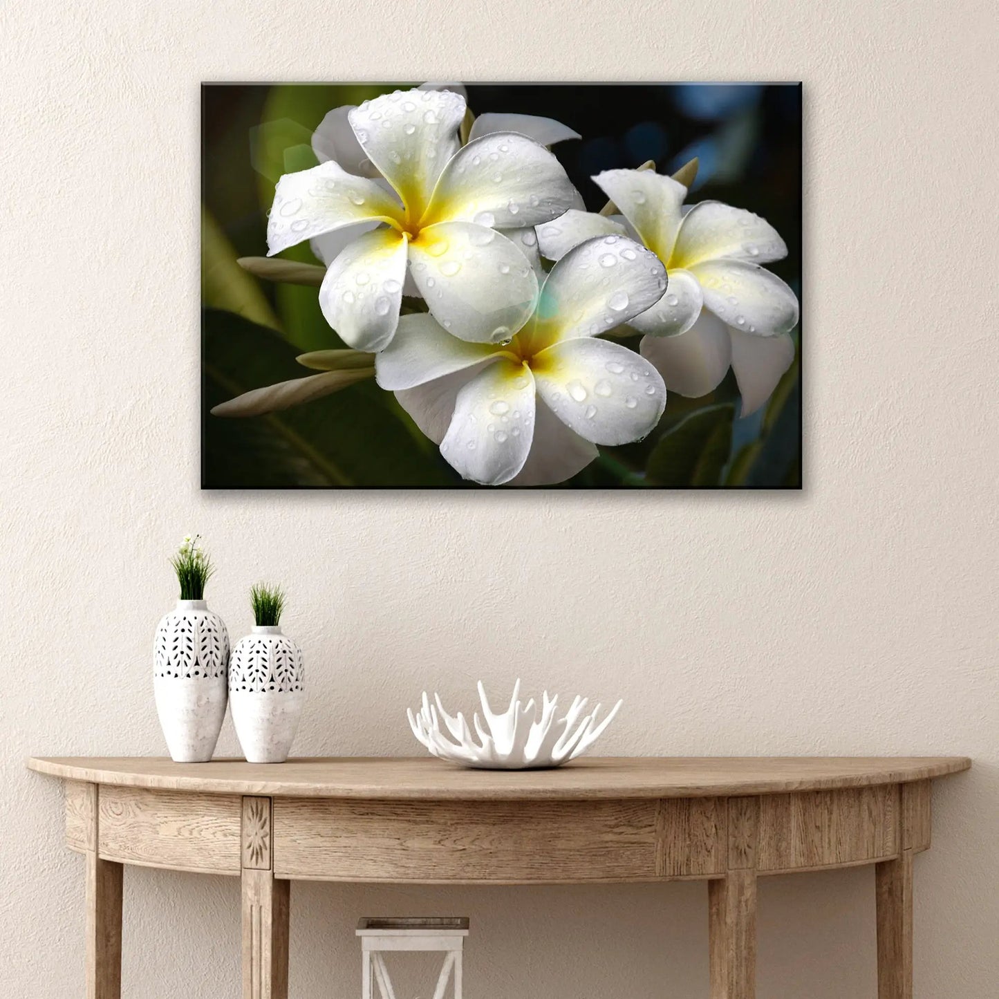 White frangipani canvas art by Tailored Canvases, closeup of white blooms with droplets on Tampa Home & Garden Store