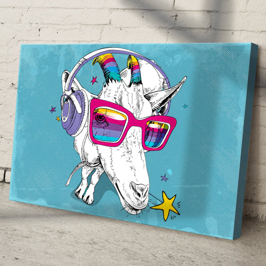 Rainbow Cool Goat Canvas Wall Art on turquoise canvas with rainbow headphones and pink sunglasses on Tampa Home & Garden Store