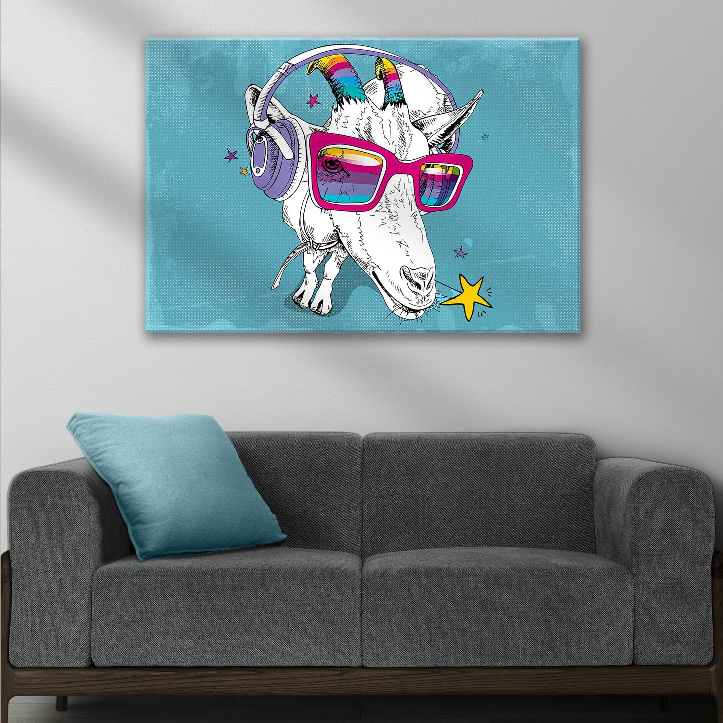 Rainbow Cool Goat Canvas Wall Art with rainbow horns and pink sunglasses by Tailored Canvases on Tampa Home & Garden Store