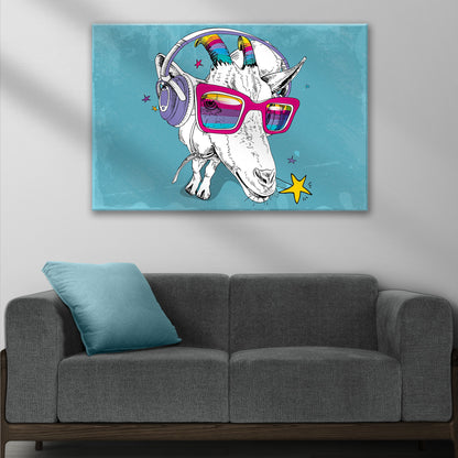 Rainbow Cool Goat Canvas Wall Art with rainbow horns and pink sunglasses by Tailored Canvases on Tampa Home & Garden Store