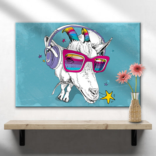 Rainbow Cool Goat Canvas by Tailored Canvases, rainbow horns and pink shades on teal on Tampa Home & Garden Store