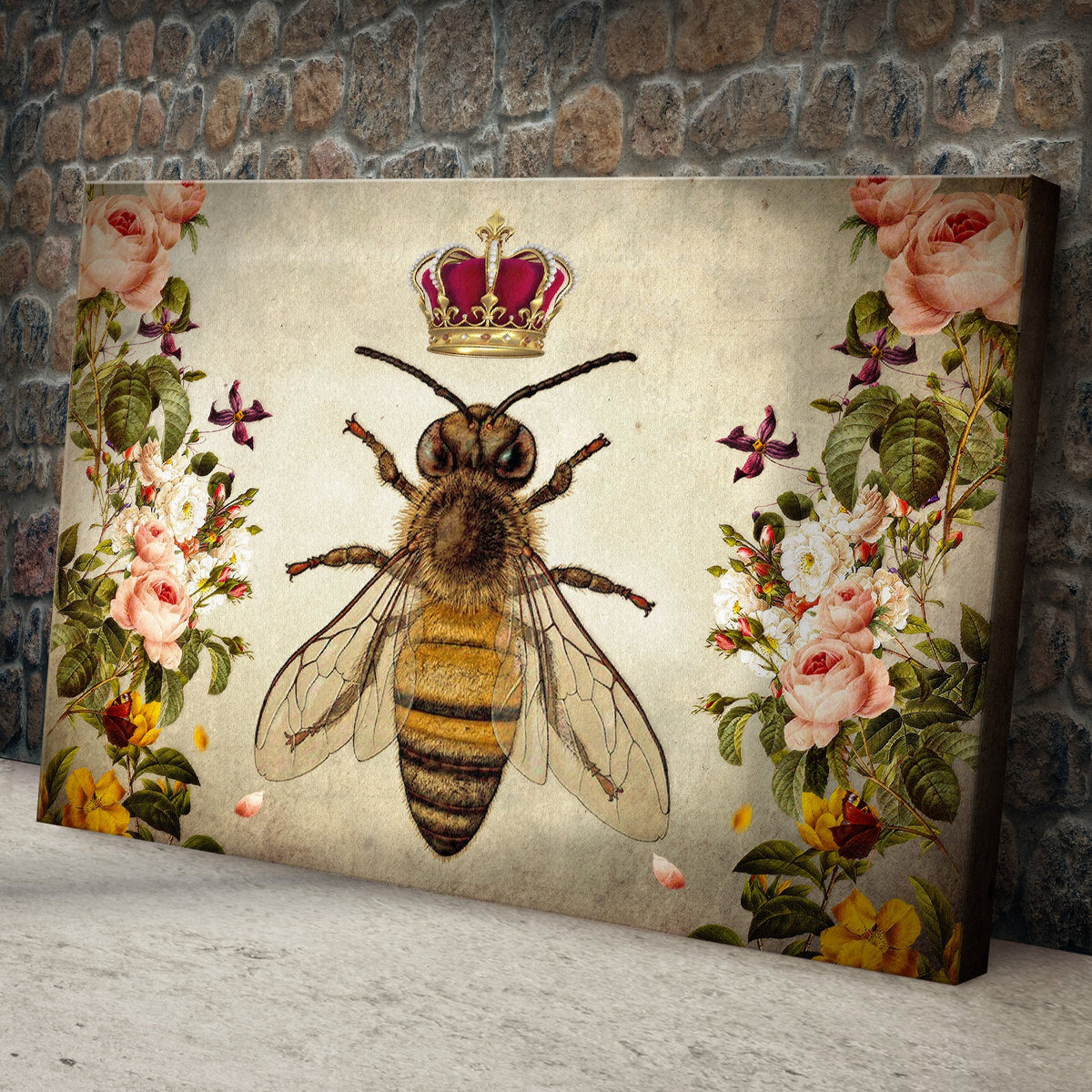 Hail Queen Bee Canvas Wall Art by Tailored Canvases with pink rose floral border on Tampa Home & Garden Store