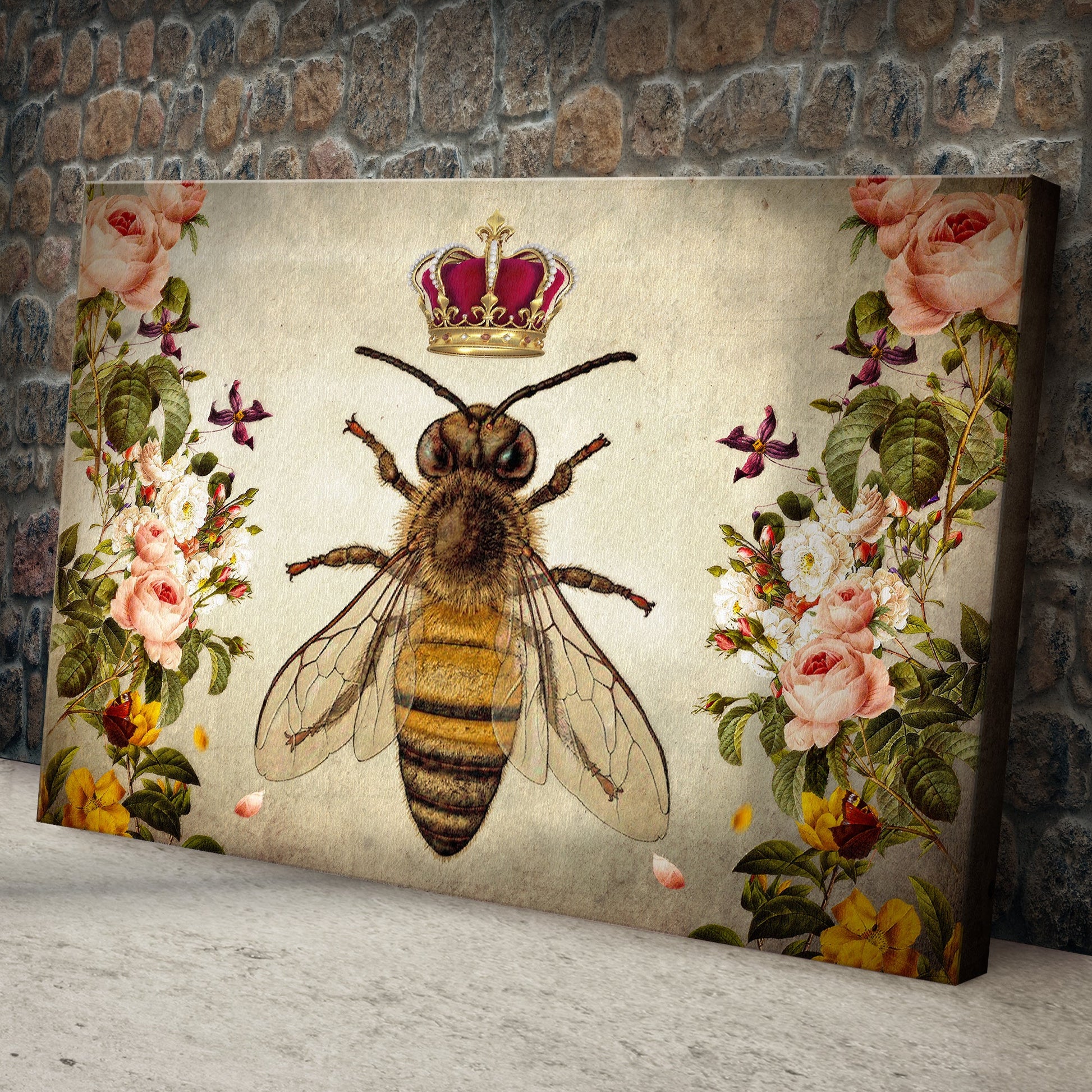 Hail Queen Bee Canvas Wall Art by Tailored Canvases with pink rose floral border on Tampa Home & Garden Store