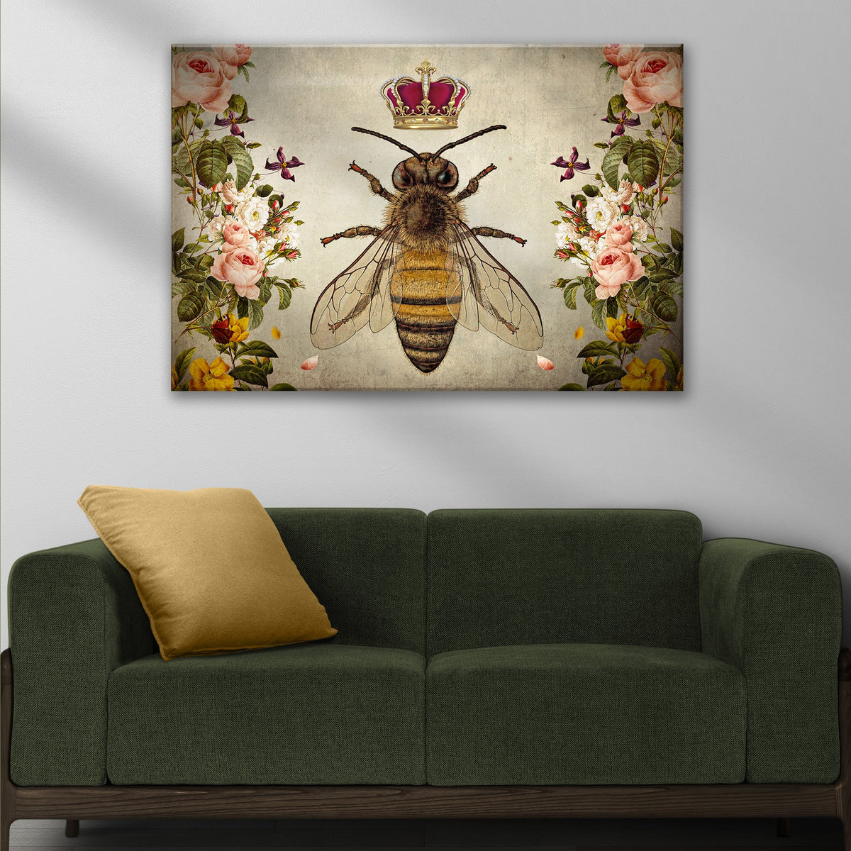 Hail Queen Bee canvas wall art with crown, bee centerpiece, floral border Tailored Canvases on Tampa Home & Garden Store
