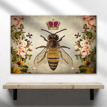 Hail Queen Bee Canvas Wall Art by Tailored Canvases; crowned bee with floral border on canvas on Tampa Home & Garden Store