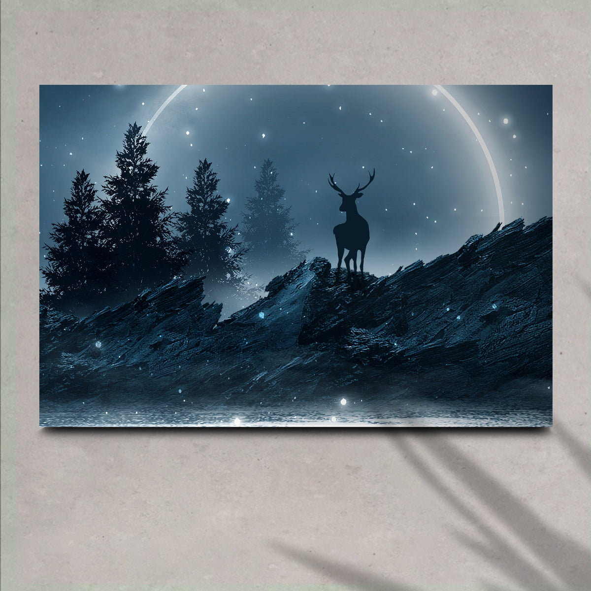 Midnight Deer Canvas Wall Art by Tailored Canvases; blue forest silhouette on textured canvas on Tampa Home & Garden Store