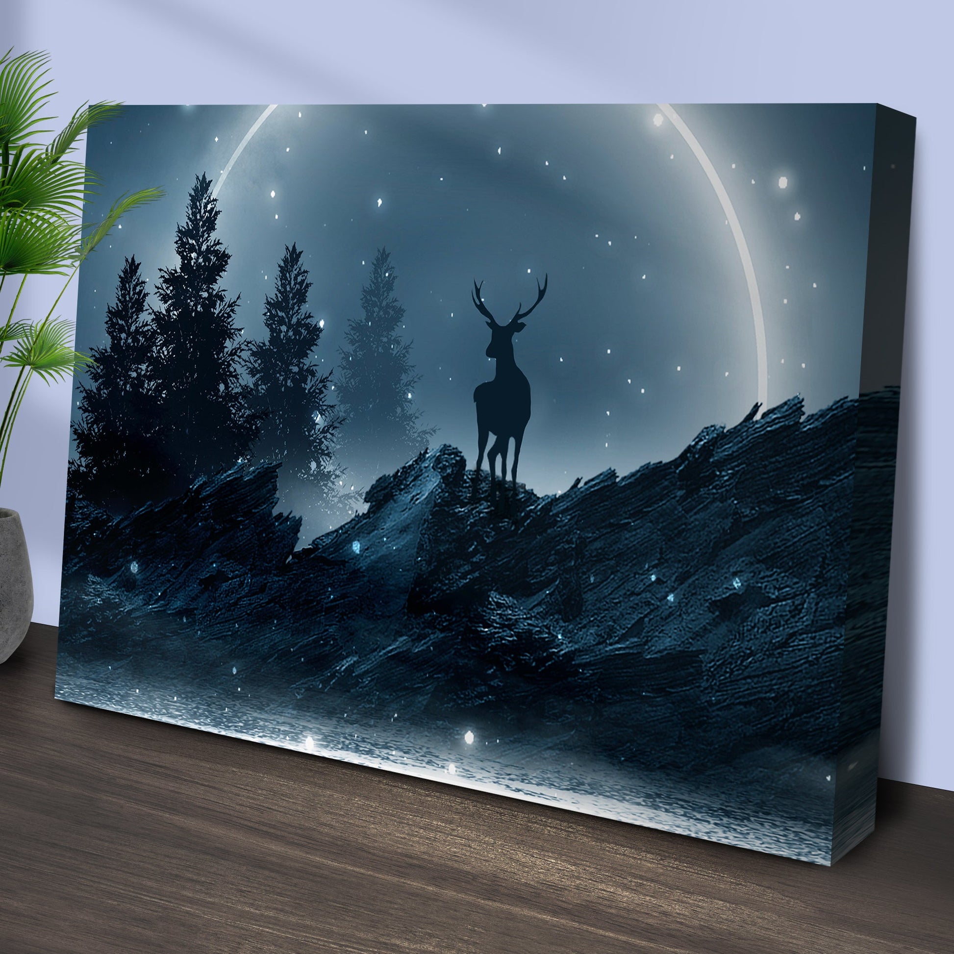Midnight Deer Canvas Wall Art Tailored Canvases deer silhouette among pines under blue night on Tampa Home & Garden Store