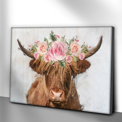 Highland Cow Floral Wreath Canvas Wall Art with pink roses around brown horns on Tampa Home & Garden Store