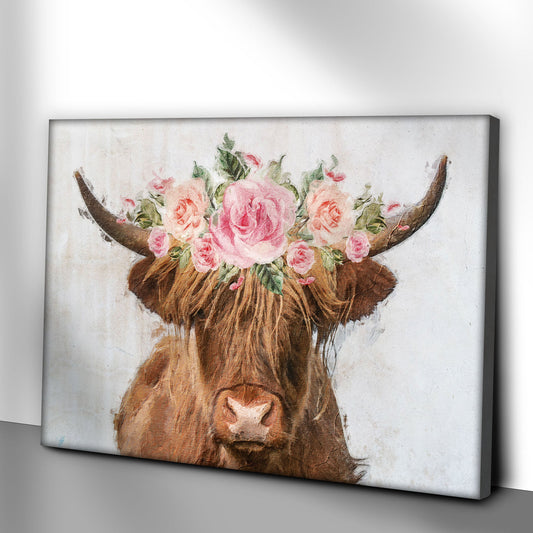 Highland Cow Floral Wreath Canvas Wall Art with pink roses around brown horns on Tampa Home & Garden Store
