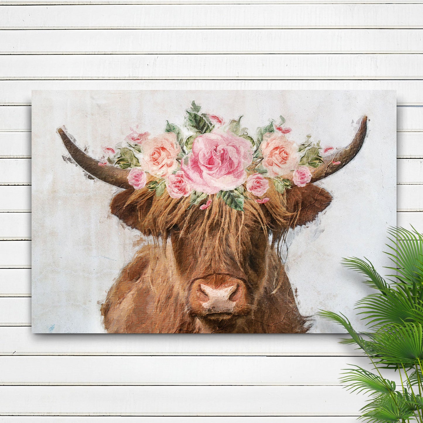 Highland Cow Floral Wreath Painting Canvas Wall Art by Tailored Canvases in pink roses on Tampa Home & Garden Store