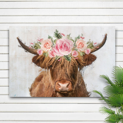 Highland Cow Floral Wreath Painting Canvas Wall Art by Tailored Canvases in pink roses on Tampa Home & Garden Store