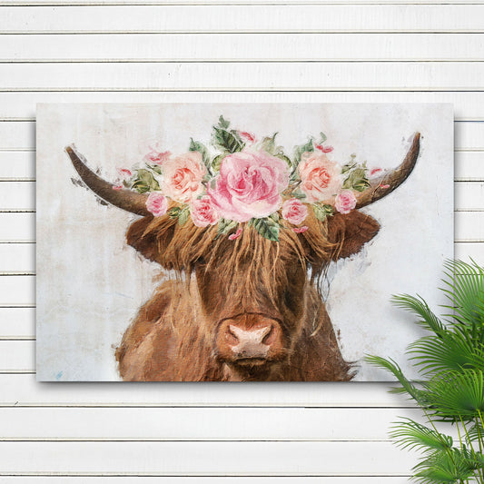 Highland Cow Floral Wreath Painting Canvas Wall Art by Tailored Canvases in pink roses on Tampa Home & Garden Store