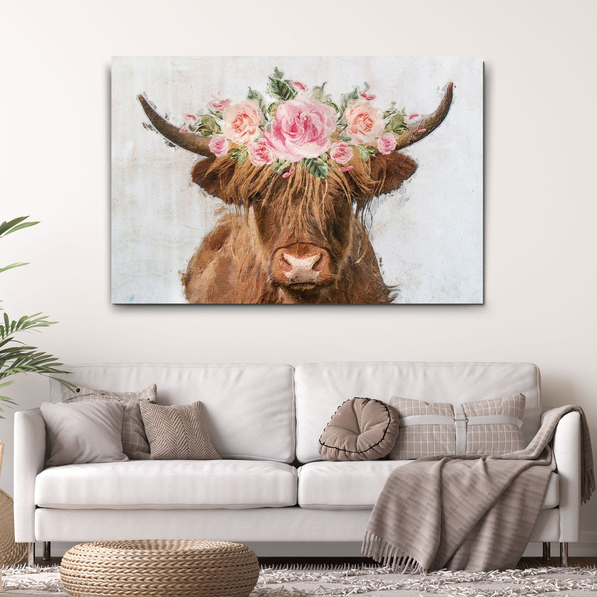 Highland cow floral wreath canvas with pink roses by Tailored Canvases Crafting Canvas on Tampa Home & Garden Store