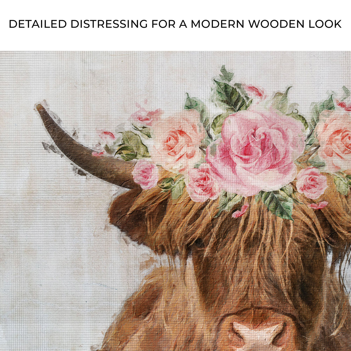 Highland Cow Floral Wreath Canvas Wall Art with pink roses around a cow by Tailored Canvases on Tampa Home & Garden Store