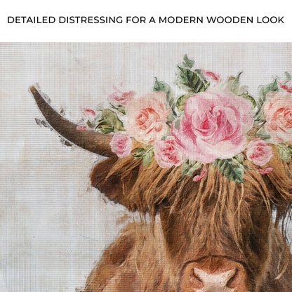 Highland Cow Floral Wreath Canvas Wall Art with pink roses around a cow by Tailored Canvases on Tampa Home & Garden Store