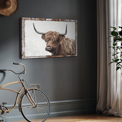 Natural Rustic Highland Cow canvas wall art with a rusted border on Tampa Home & Garden Store