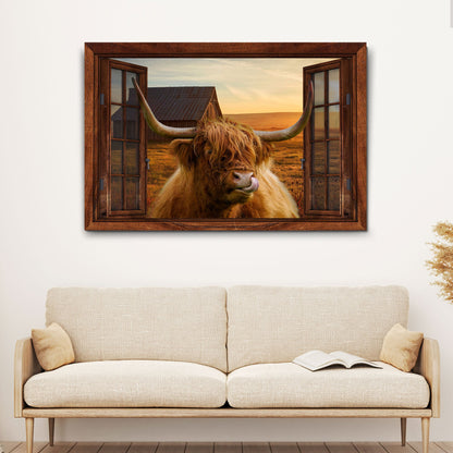 Highland Cow Window View Canvas by Tailored Canvases, rustic wood frame with open doorway sunset scene on Tampa Home & Garden Store