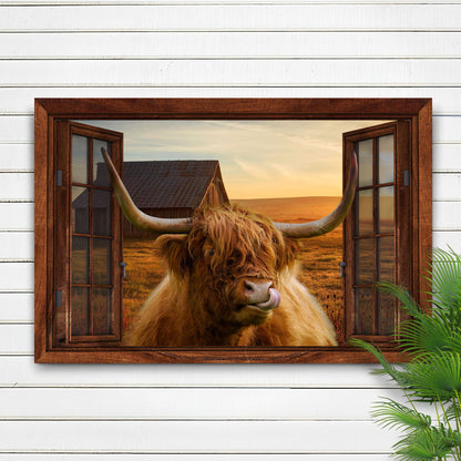 Highland Cow Window View Canvas Wall Art in rustic brown wood frame with sunset field backdrop on Tampa Home & Garden Store