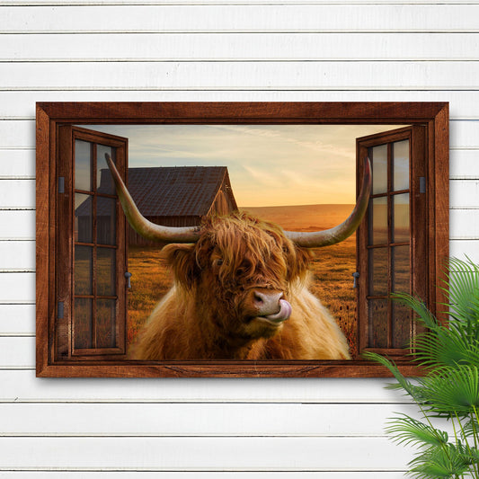 Highland Cow Window View Canvas Wall Art in rustic brown wood frame with sunset field backdrop on Tampa Home & Garden Store
